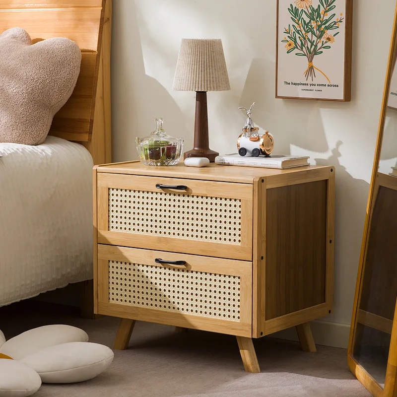 Holz-Nachttisch, Rattan-Nachttisch für den Haushalt, einfacher Schlafzimmer-Nachttisch, bodenhoher Aufbewahrungskombinationsschrank