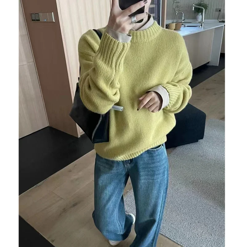 Koreanische design rundhals kaschmir pullover frauen lose dünne pullover mit faul stil dicke wolle stricken