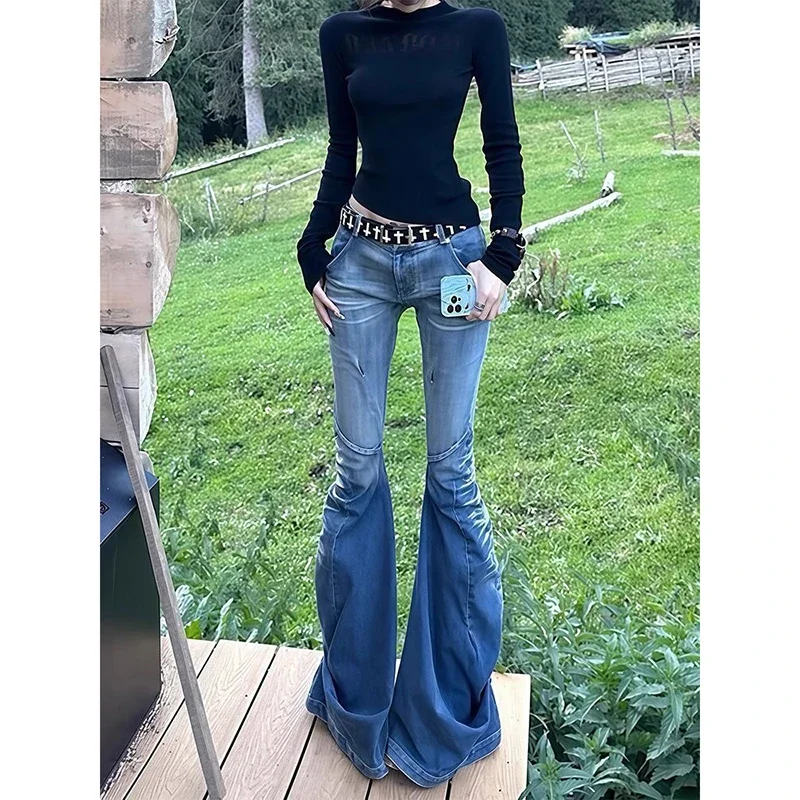 

Kalevest Y2K High Street Джинсы с низкой посадкой Синие женские брюки Джинсы с карманами Уличная одежда Джинсы с низкой талией Широкие брюки