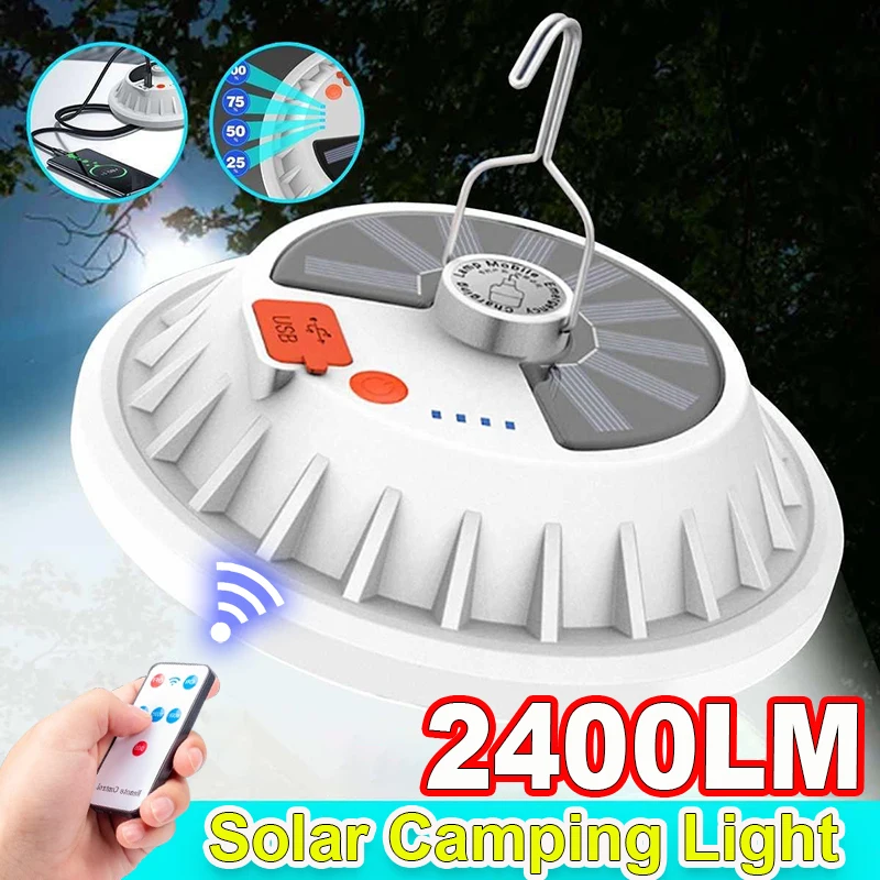 2400LM Powerful LED Camping Light Solar USB Rechargeable Portable Lantern Hook Emergency Energy Camping Lantern Saving Bulb Lamp