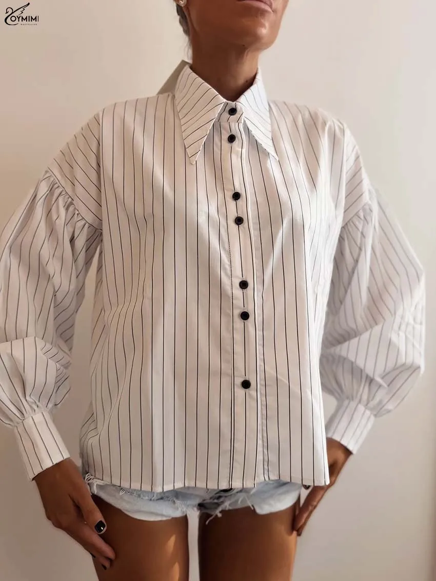 Oymimi Elegant White Print Women's Shirt Fashion Turn-Down Collar Long Sleeve Shirts Autumn New Single Breasted Cotton Shirts