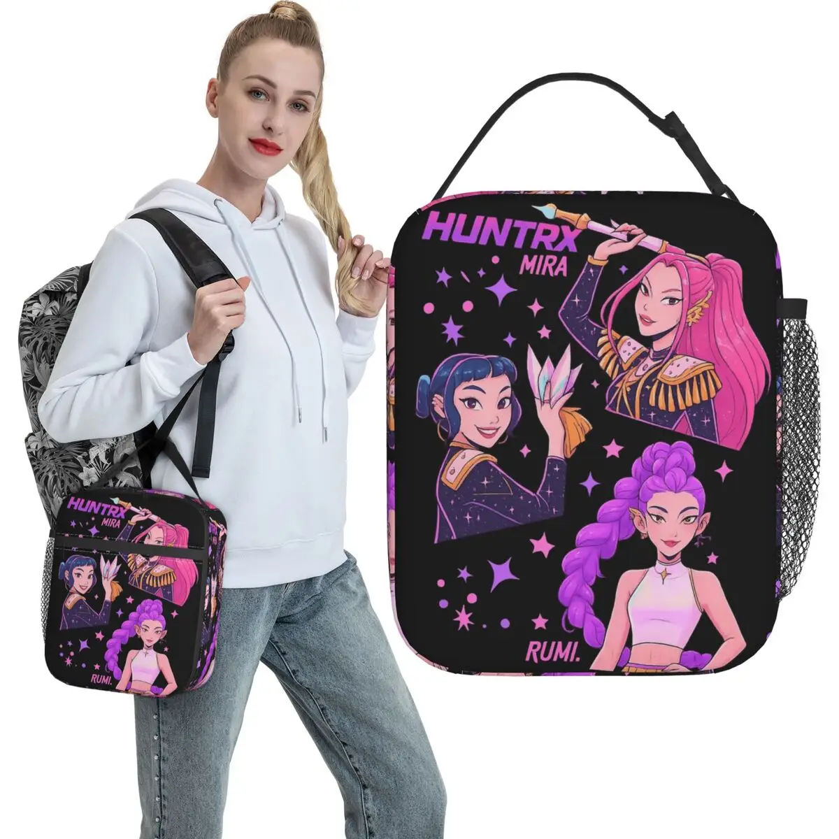 

Huntrix Girls Lunch Bag Kpop Demon Hunters Rumi Zoey Mira Vintage Lunch Box Girls Travel Cooler Bag Oxford Design Tote Food Bags