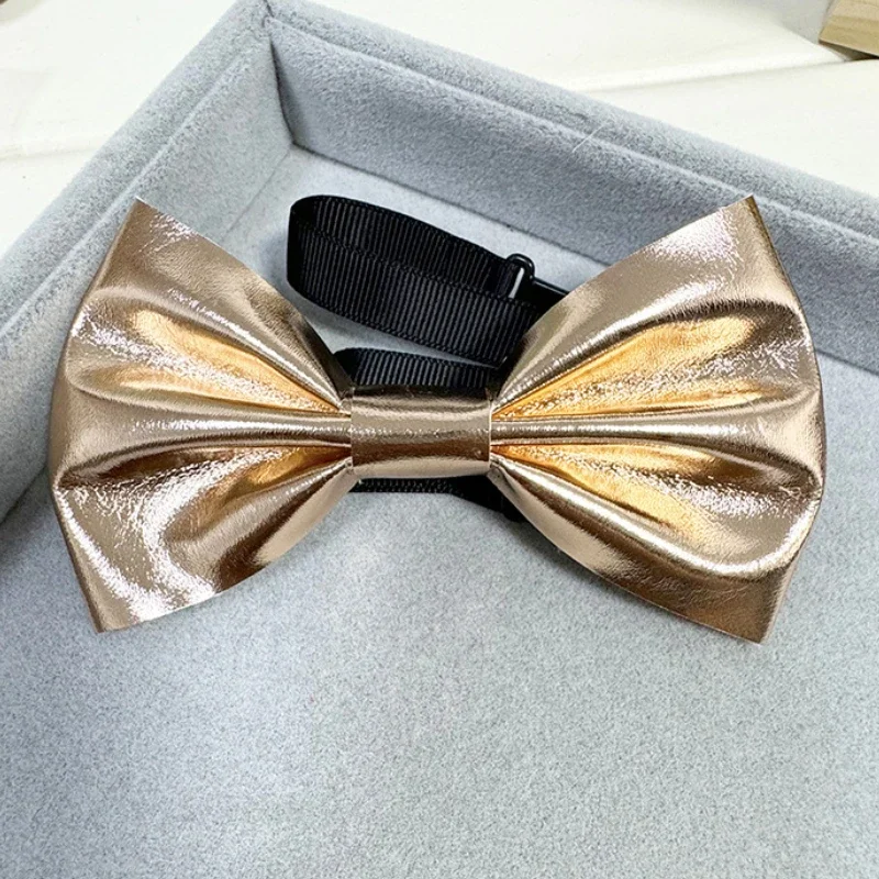 New Fashion Ultra Bright Gold  Bow Ties Pu Leather Night Shop Stage Host Groom Necktie Bowtie for Men Accessories 2019