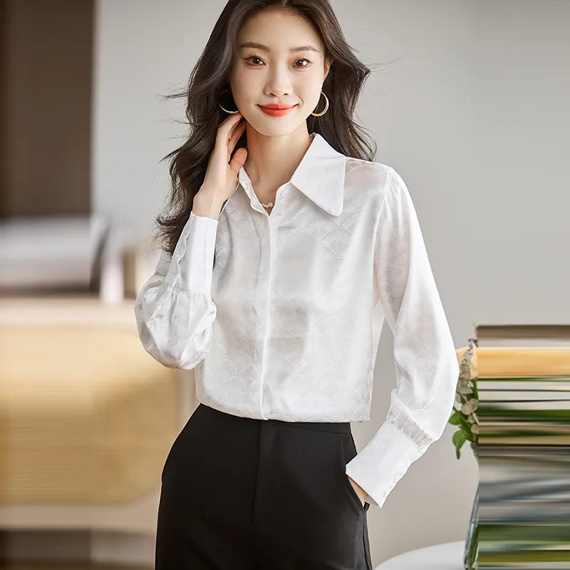 Office Lady Lange Mouwen Elegant Shirt Nieuwkomer 2024 Lente Koreaanse Stijl Turn-Down Kraag Basics Vrouwen Casual Witte Tops W1527