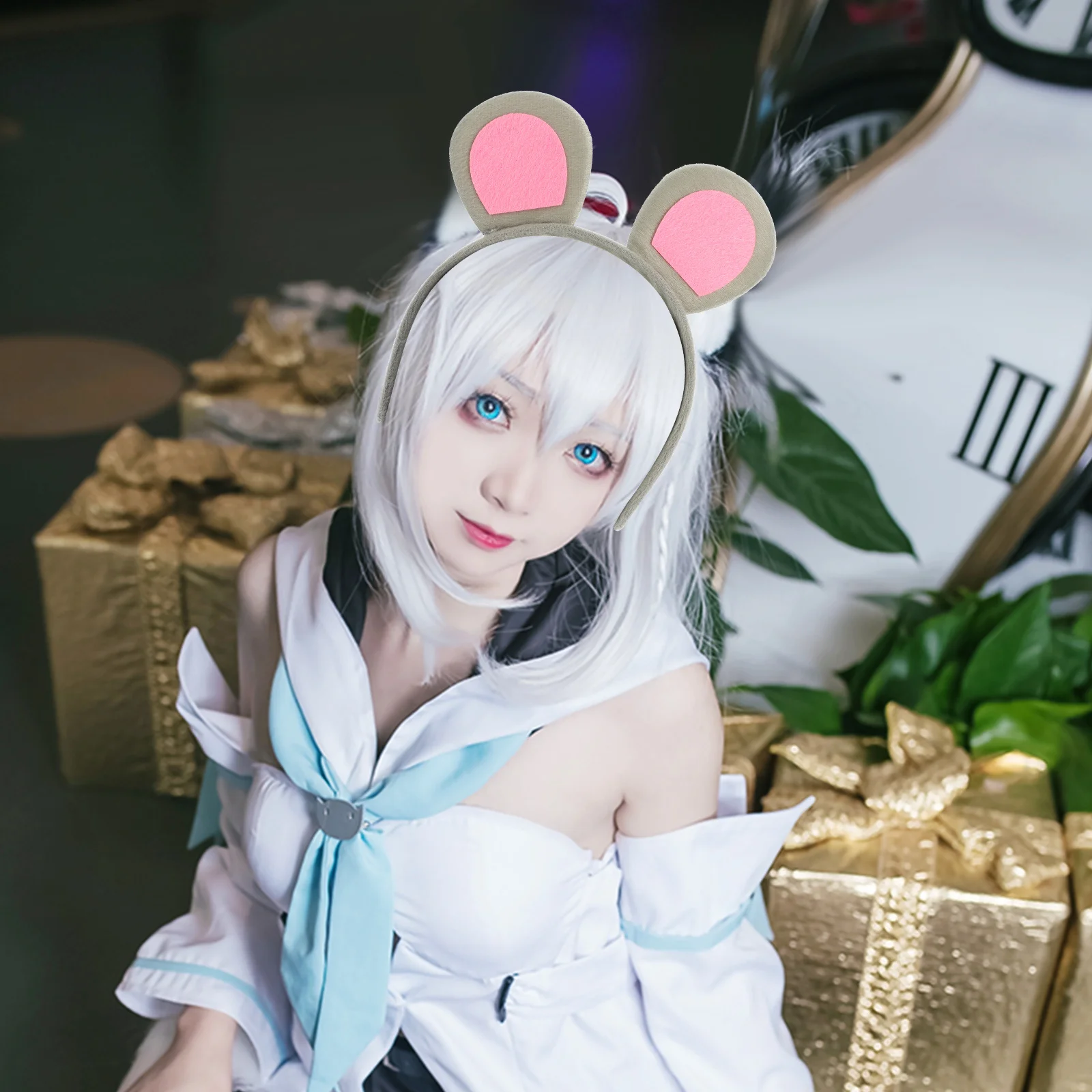 2 Zestawy Myszki Cosplay Uszy Opaska Kokardki Ogon Materiałowe Rekwizyty Kostiumowe na Imprezy Pokazy Mody Bale Maskowe
