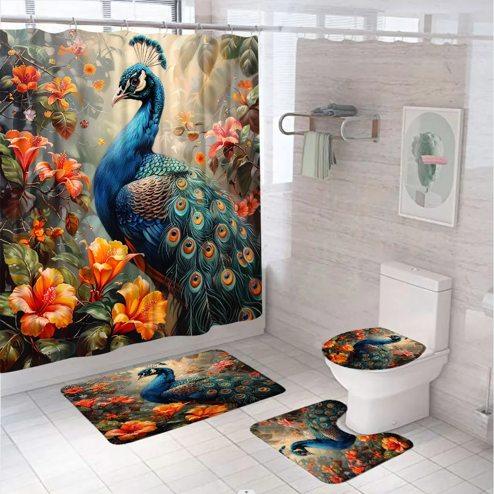 Blue Peacock Shower Curtain Set With Rug Asian Beautiful Bird Wild Animal Feather Fabric Bathroom Curtains Bath Mat Toilet Cover