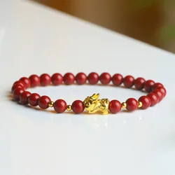 Natural Red Organic Cinnabar Jade Pixiu Bracelet Women Fine Jewelry Genuine Cinnabar Crystals Gold Pi Xiu Feng Shui Bracelets