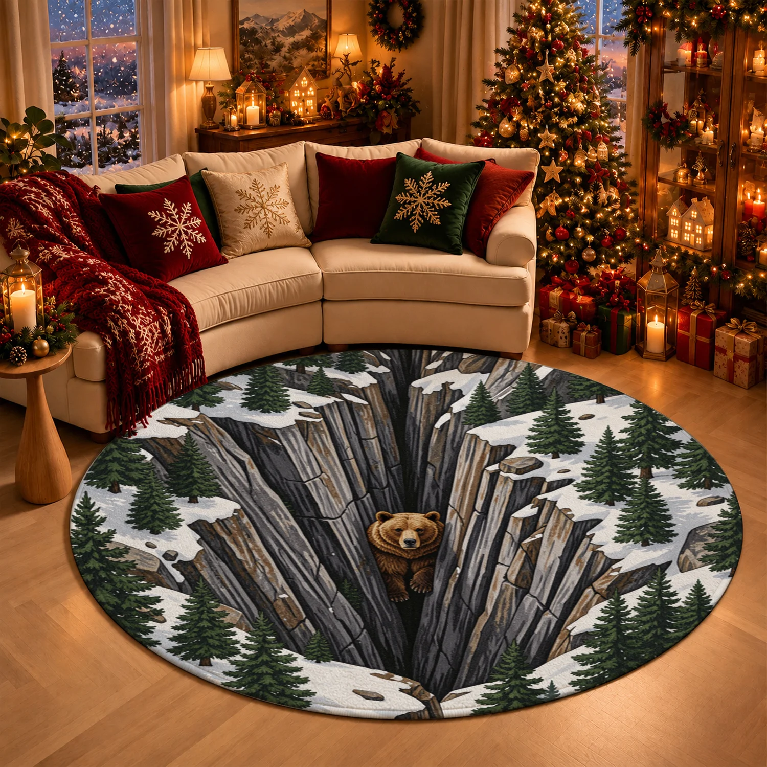 3D Brown Bear Snowy Pine Canyon Pattern Round Rug Velvet Machine Washable for Living Room Bedroom Entryway Balcony Halloween Thanksgiving Black Friday Cyber Monday Christmas New Year