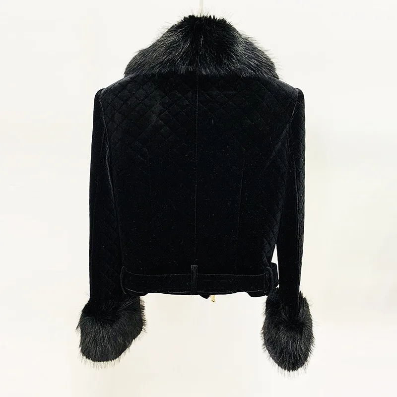 New Fashion 2024 Designer Jacket Women's Fox Fur Collar Detachable Velvet Motorcycle Jacket