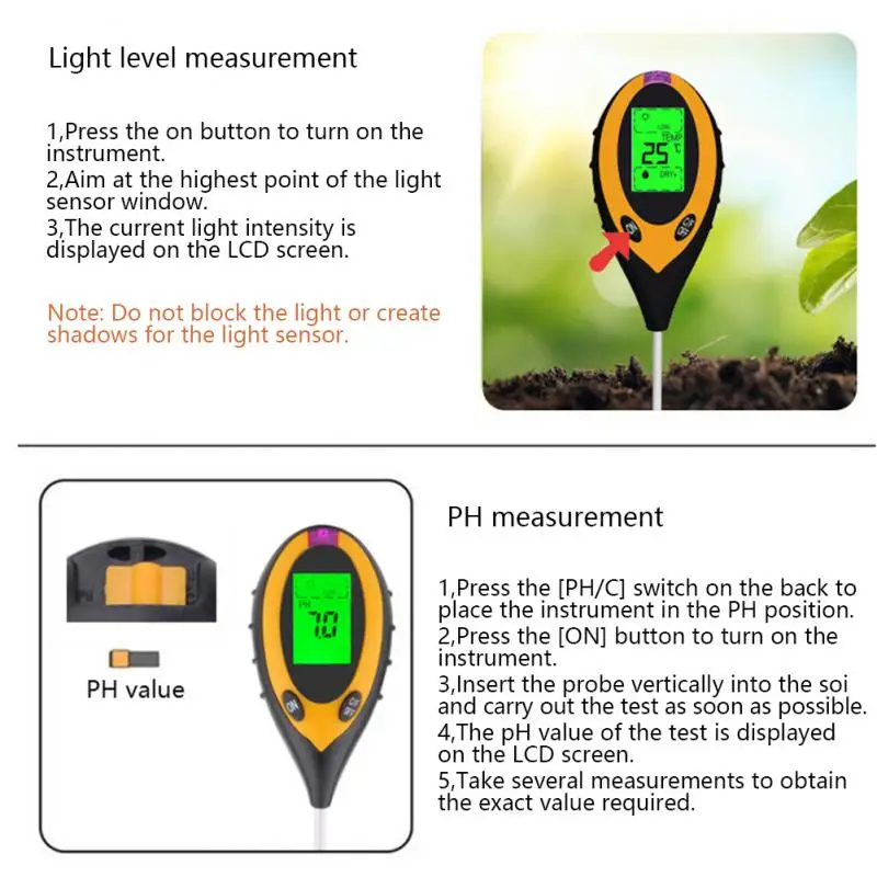 4 in 1 Soil PH Meter Tester Soil Tester PH Moisture Meter Temperature Sunlight Intensity Measurement Analysis Soil Acidity Test