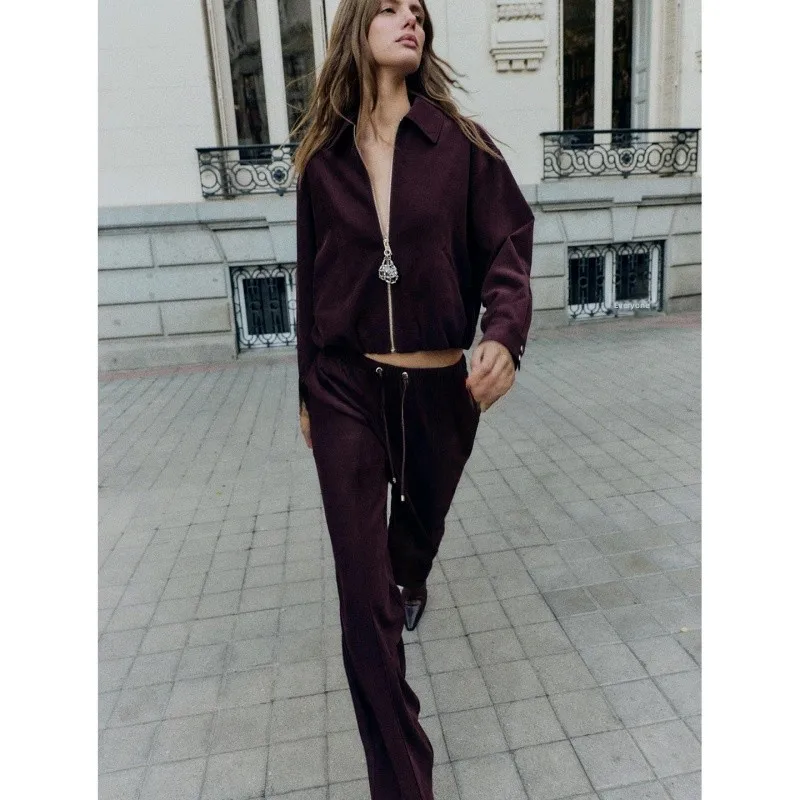 سحاب طويل Sve بياقة منتفخة الطيار Jaet 8372369 ارتفاع الخصر بنطال ذو قصة أرجل واسعة 8372364 عارضة Sle الشتاء Faion مجموعة ل...