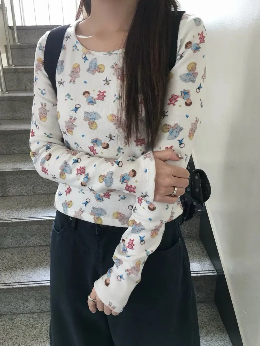 2026 Autumn New Style Thickened Long Sleeve T-Shirt Graffiti Print Fluffy Base Shirt Cute Japanese Cartoon for Young Girls