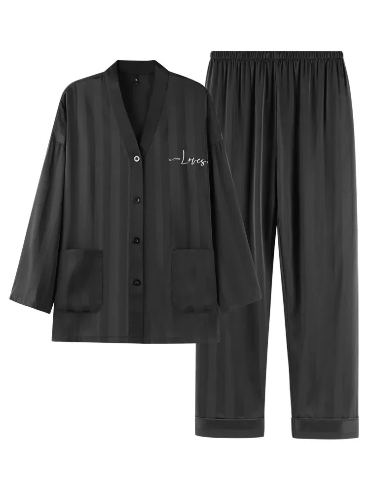 New Summer Sleepwear Men's  Silk Long Sleeve Thin Set Home Clothes