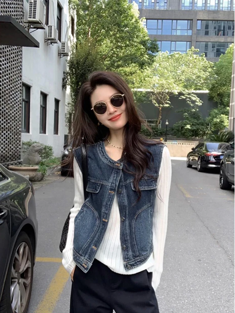 

Chic Commuter Sle Svel round Ne Vest Women's Lightweight Casual Outerwear Spring Autumn Small Size Faionable