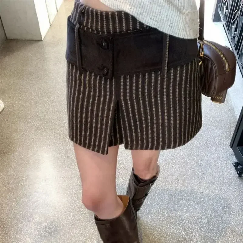 New Retro Patchwork Striped Woolen Skirt Women Fashion High Waist Slim Fit A-line Short Skirts Spring Autumn Jupe Streetwear