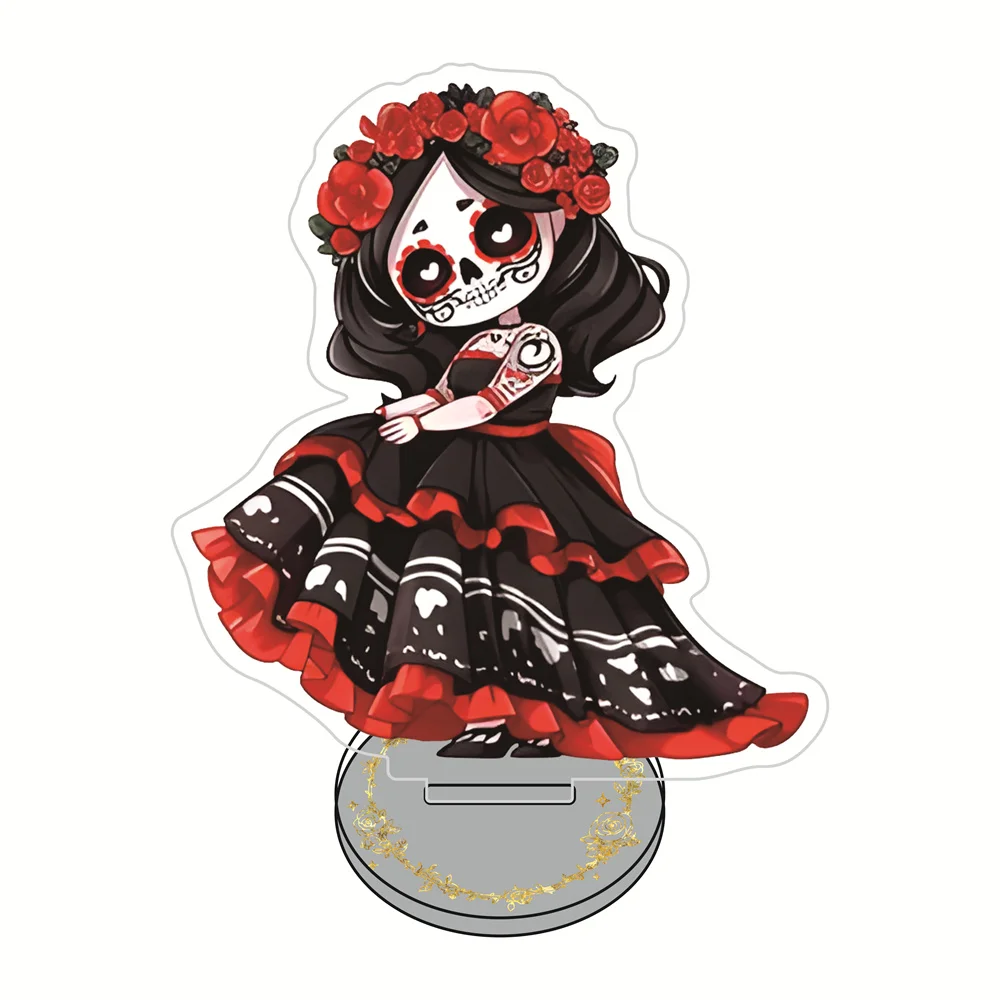 10cm Día de los Muertos Sugar Skull Chibi Acrylic Stand Figures Keychain Desktop Ornament Halloween & Day of the Dead Themed Gif