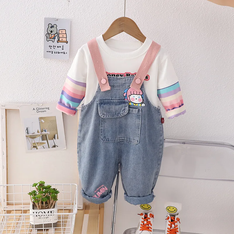 2024 Autumn 2pcs Cute Baby Girl Outfit Cartoon Print Patchwork Blouse Winglet Denim Overalls Fashion Kids Sets