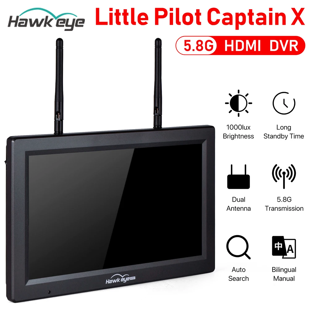 Hawkeye Little Pilot Captain X FPV Monitor with DVR 5.8G 60CH 10.2 inch Dual Receivers 1024x600 LED 16:9 NTSC/PAL Auto Search
