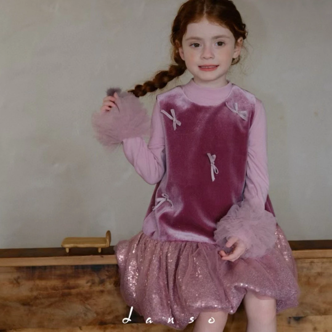 

Girls Suit 2025 Autumn and Winter New Childrens Clothes Girls Baby Lace Bottom Unlined Bowtie Vest Flower Bud Skirt Two Sets