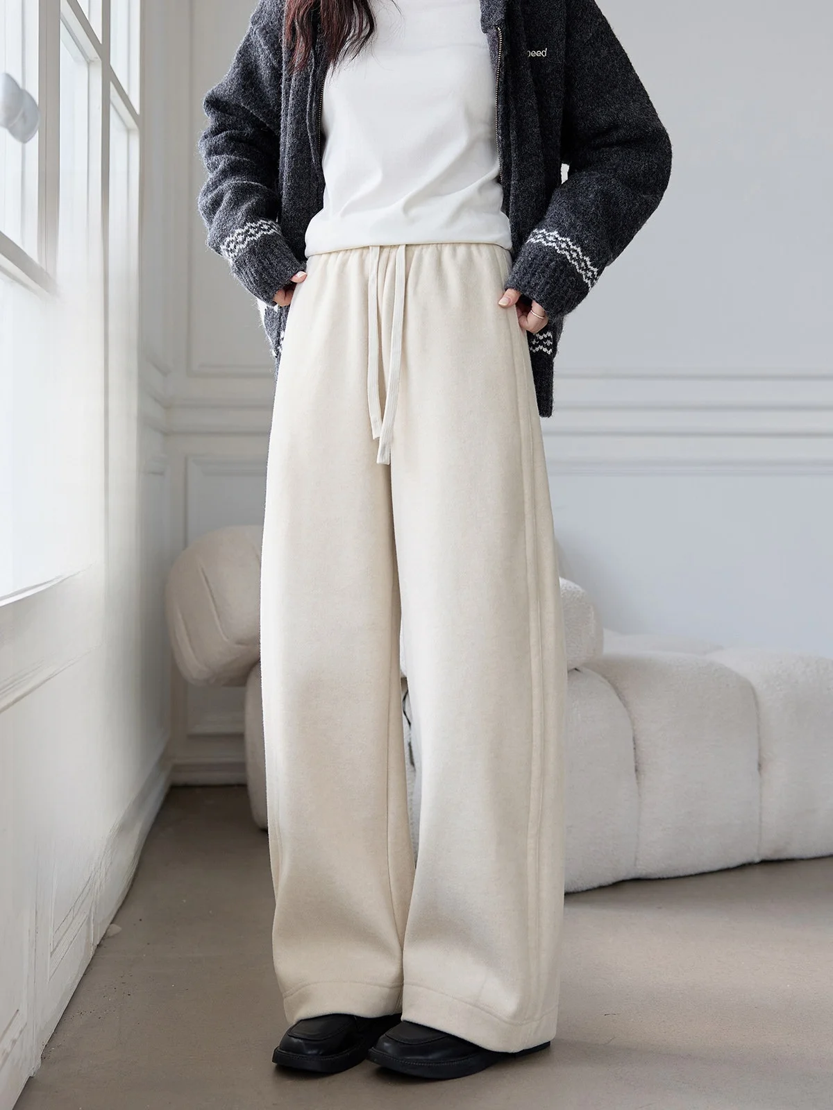 

Женские шерстяные повседневные брюки с высокой талией, свободного прямого кроя, осенне-зимние, новые, с пэчворком и шнурком