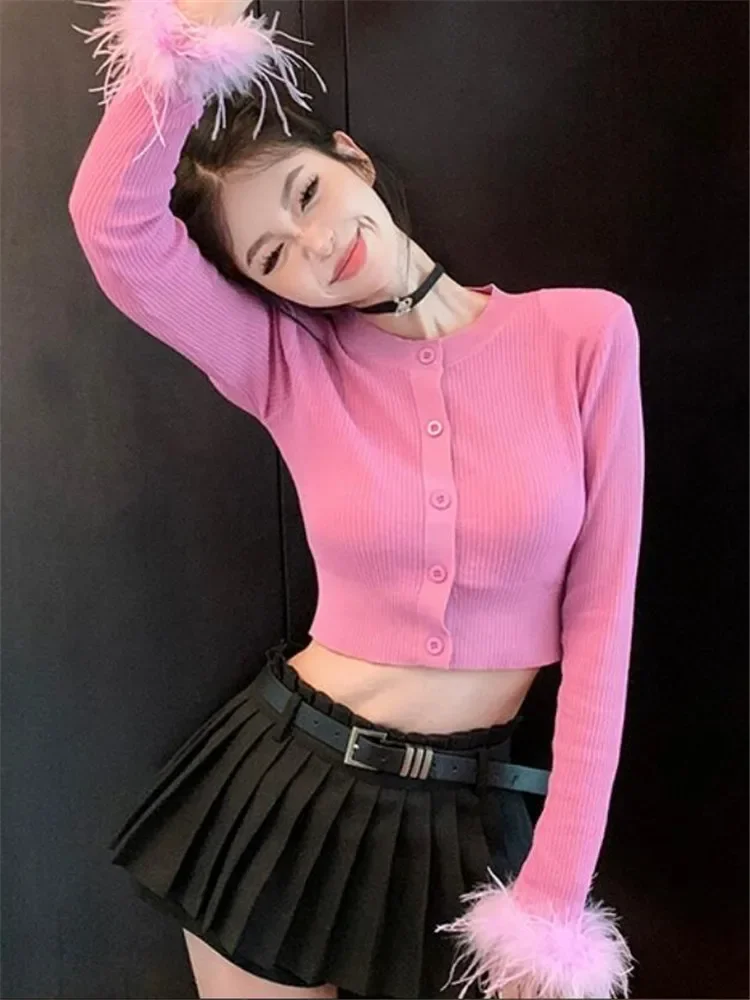 Fashion O Neck Black Pink Short Sweater Fur Feather Patchwork Long Sleeve Knitted Mini Cardigan 2024 New Fall Slim Knitwear Top