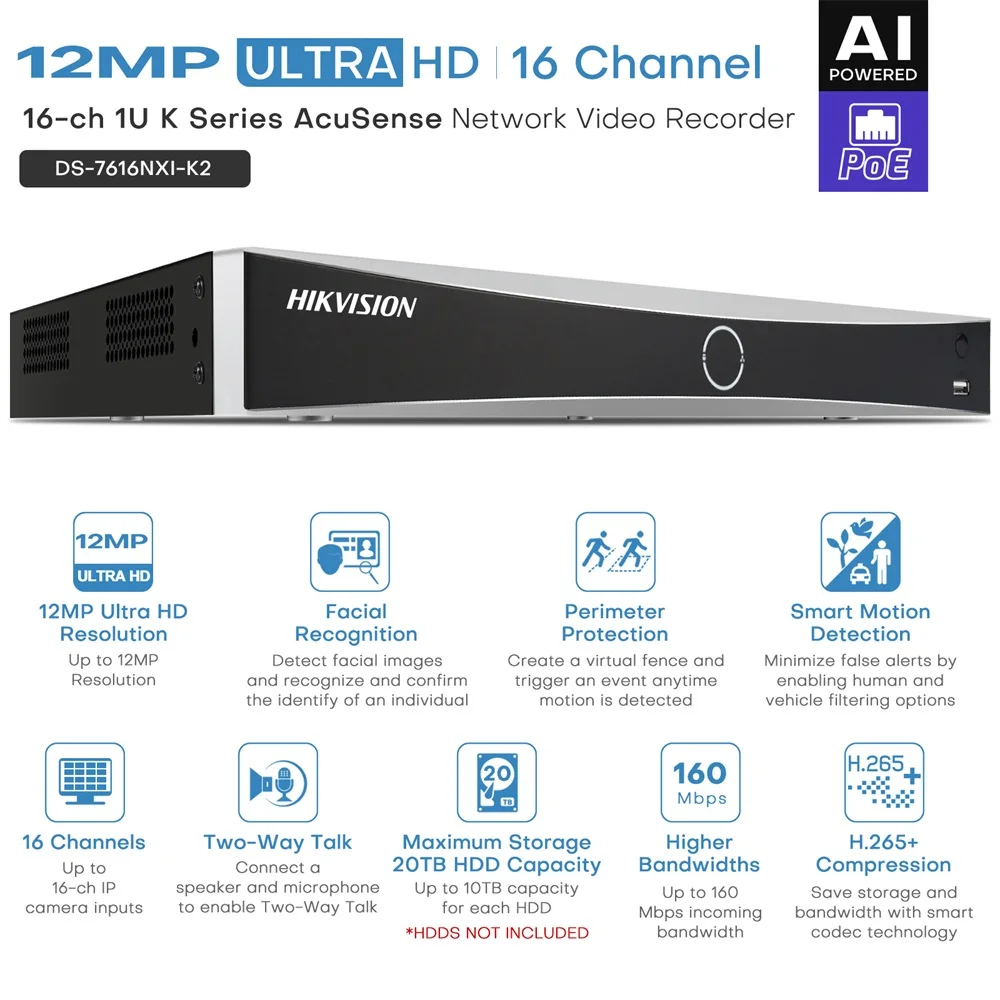 Hikvision 16CH 4K NVR 4K 160Mbps AcuSense AI Network Video Recorder Human Vehicle Detection H.265+ APP DS-7616NXI-K2