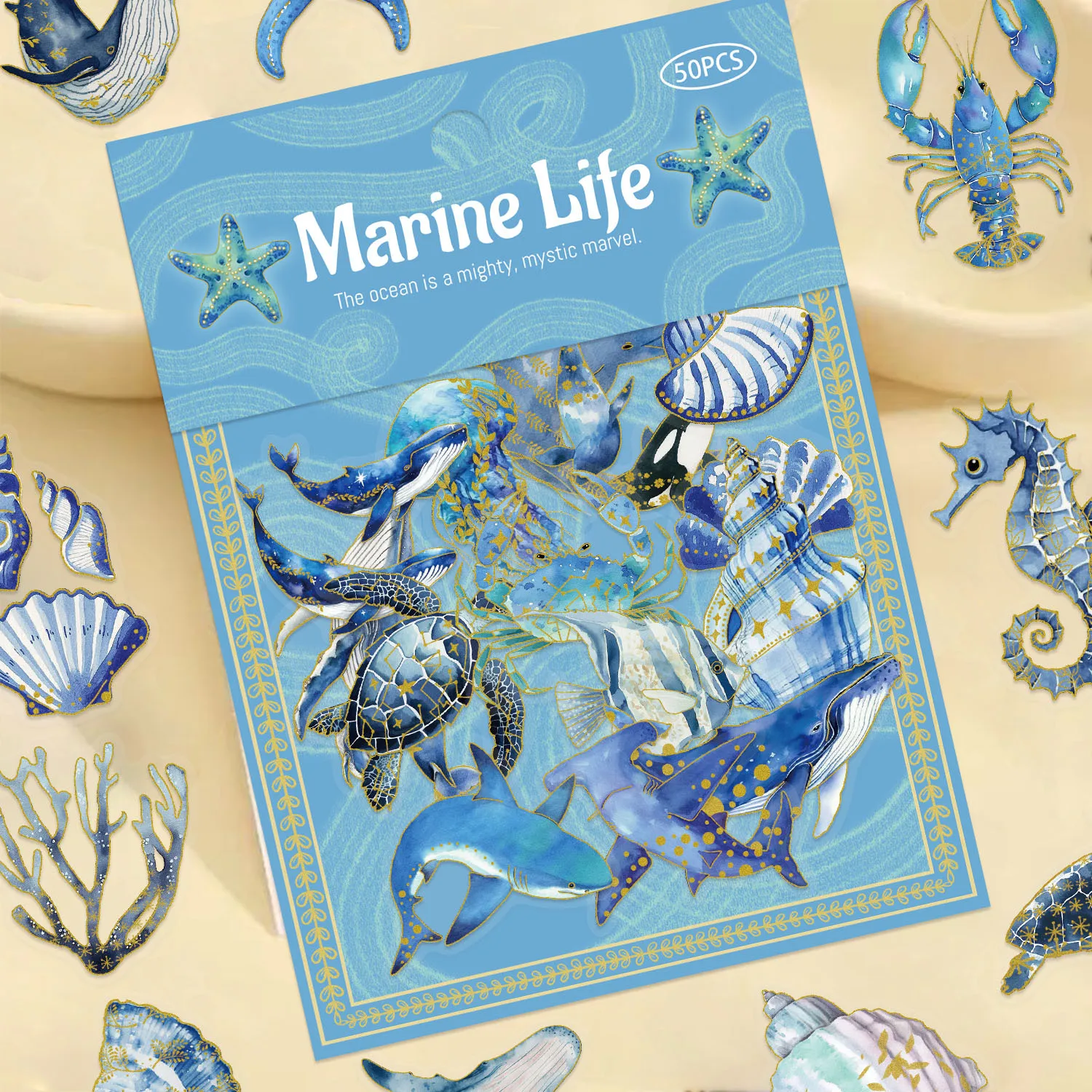 50PCS Golden Marine Life Cartoon Creative Stickers DIY Handmade Materials Phone Case Laptop Luggage Stickers