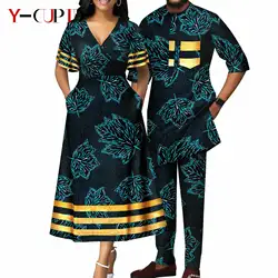 African Print V-neck Dresses for Women Couple Matching Men Outfits Top and Pant Sets Dashiki Bazin Riche Lover Outwear Y23C086