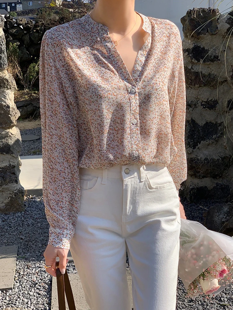 Exquisite and Romantic Spring Summer Thin Chiffon Floral Blouse Basics Full Sleeve Single Breasted Shirts Female Tops 2024