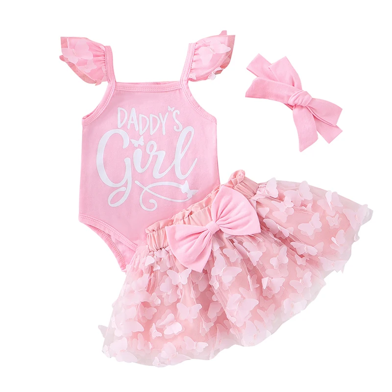 Newborn Baby Girl Clothes Letter Print Fly Sleeve Romper Butterfly Tulle Skirt Tie-Up Headband 3Pcs Set