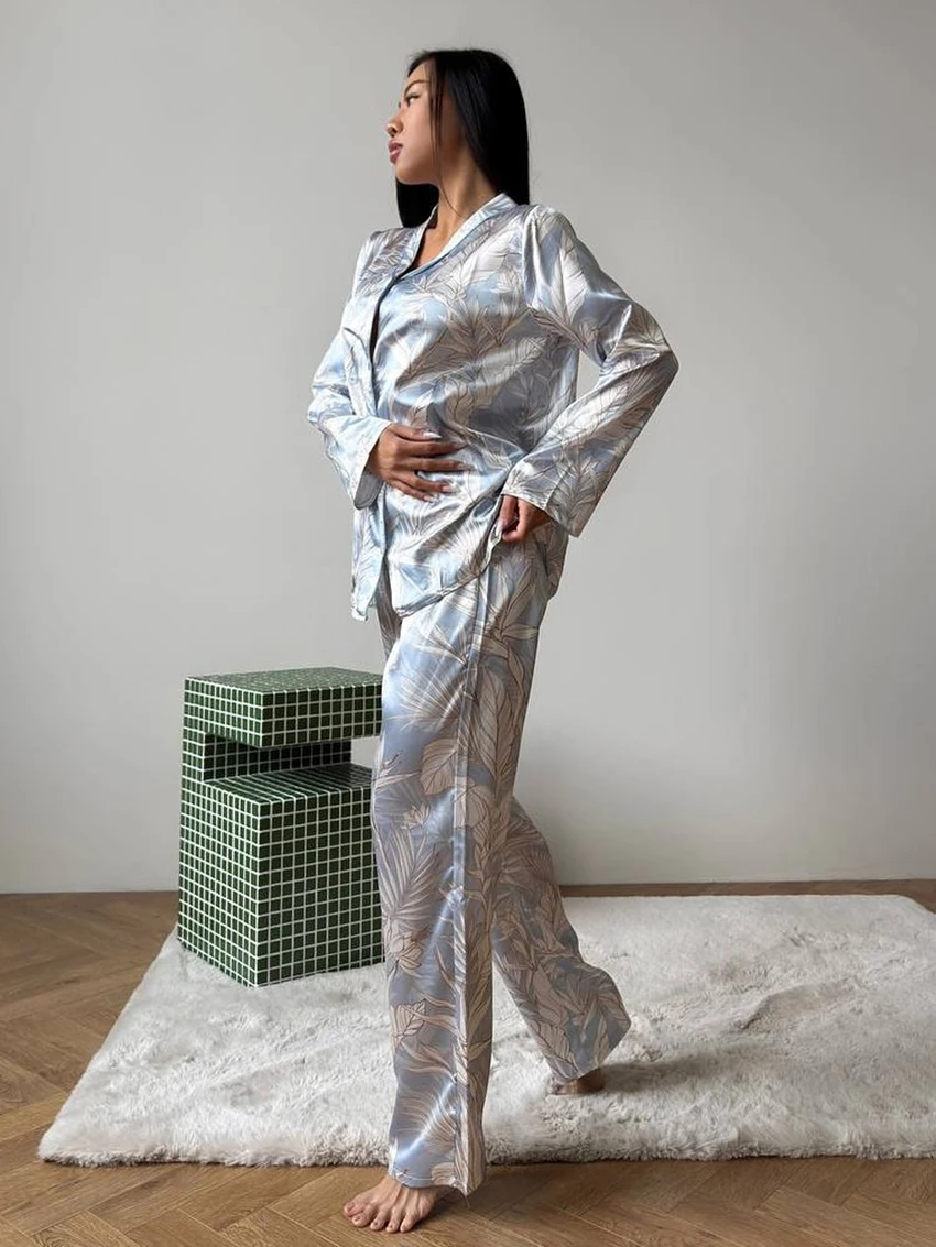 Marthaqiqi Printing Ladies Sleepwear Set Long Sleeve Nightgowns Sexy Turn-Down Collar Nightwear Pants Casual Pajama 2 Piece Suit
