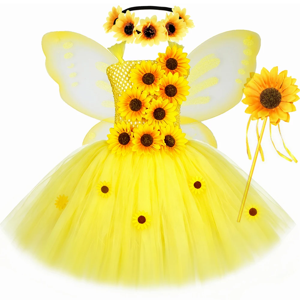 Fall Autumn Sunflower Fairy Princess Dress for Girls Thanksgiving Holiday Party Costume Set Yellow Kids Flower Girl Tutu Dresses