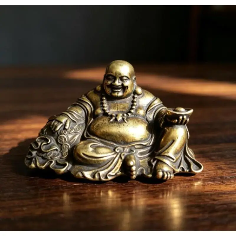 Vintage Chinese Pure Brass Maitreya Buddha Statue Small Ingot Laughing Buddha Tea Pet Feng Shui Mascot Collectible Desk Decor