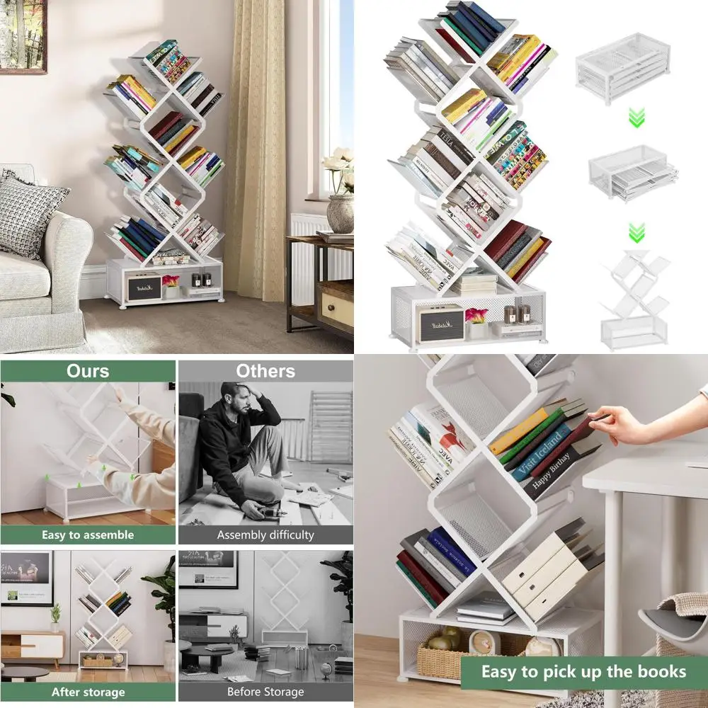 

9-уровневая угловая книжная полка с местом для хранения, полки для спальни, складные книжные полки, установка не требуется, книжный шкаф в виде дерева для жизни