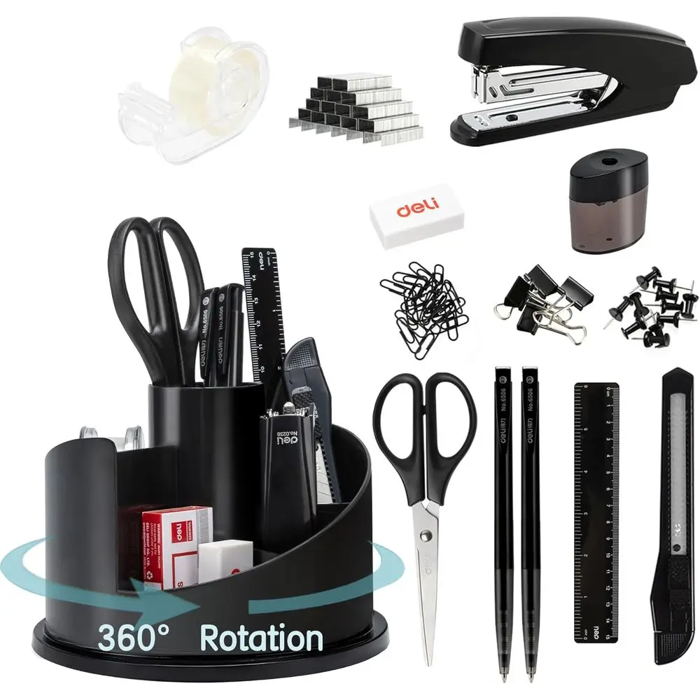 Desk Accory Organizer Kit, Black | Stationary Set, Desk Supplies with Rotating Multi-Functional & Stapler Set for Office, School