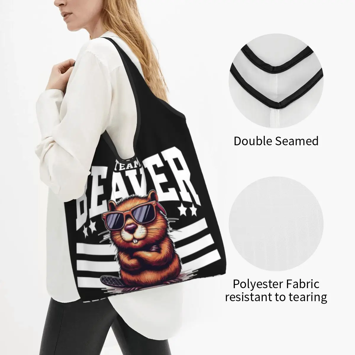 Team Beaver Respect The Beaver Portable Tote Shopping Bags Foldable Shopper Bag Groceries Handbag Shoulder Bag