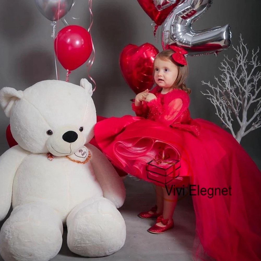 

Cute Scoop Red Flower Girl Dresses 2 Years Old Knee Length Sweep Train Wedding Party Gowns Full Sleeve فساتين اطفال للعيد New