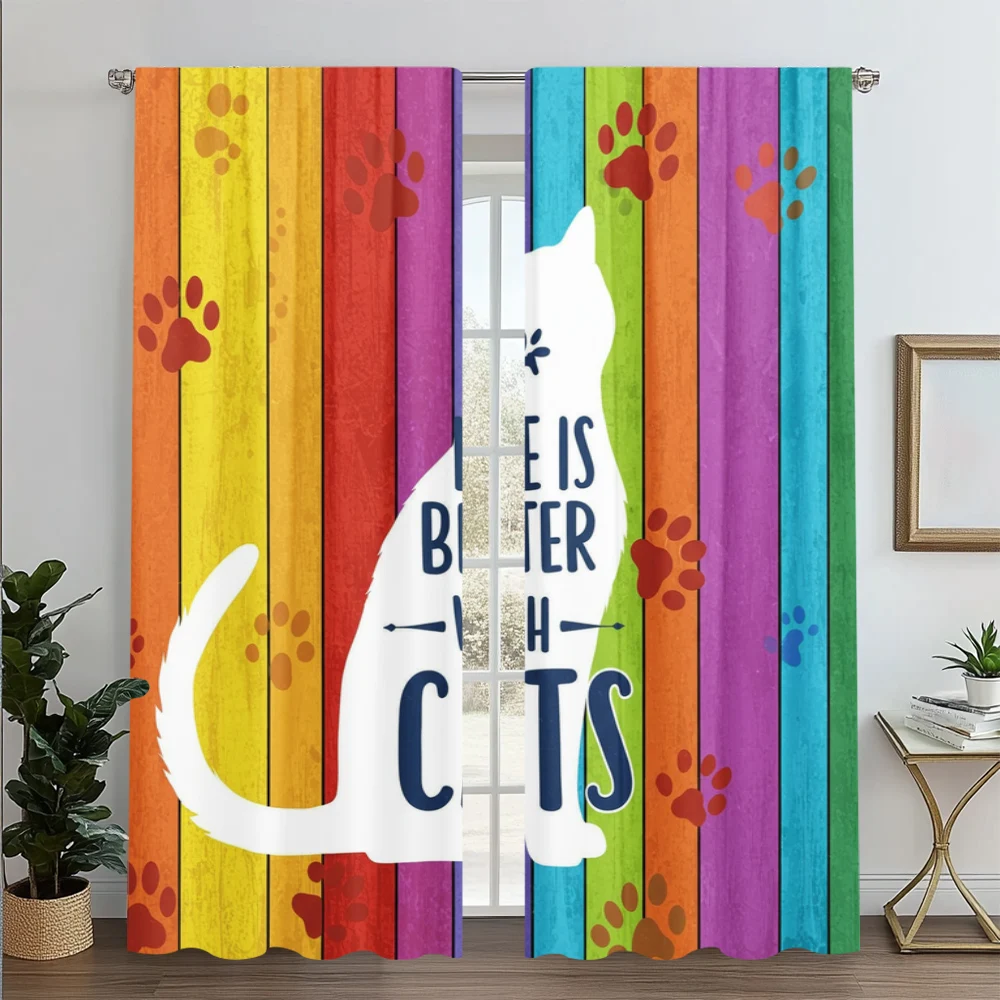 

2pc, Curtain Funny colored wood board cat Versatile 100% Polyester,Without Electricity Family Party Decoration Perfect for