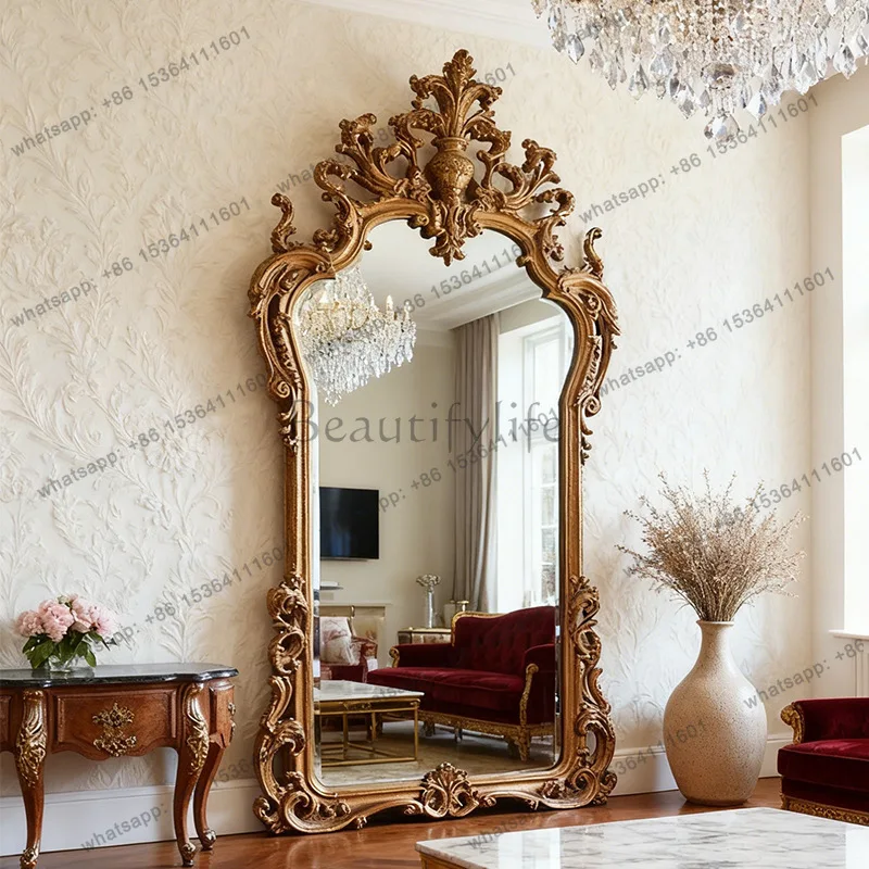 

French retro full-length mirror European luxury carved floor-to-ceiling villa fireplace decorative mirror