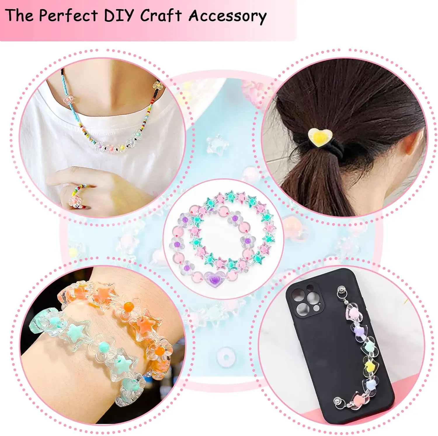 1 Box Cute Acrylic Beads Bracelet Making Kit Heart Star Flower Style Round Spacer Loose Beads for Jewelry Making Diy Acceseories