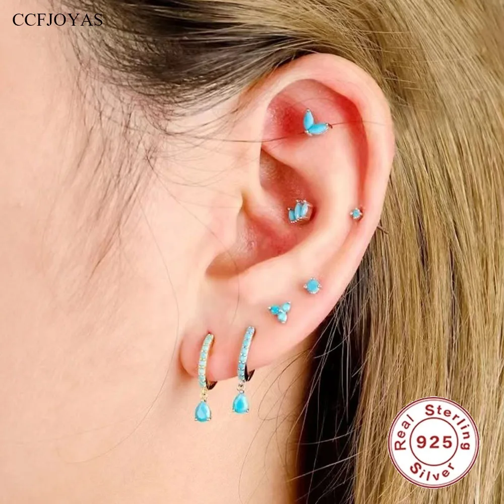 

CCFJOYAS High Quality Marquise/ Water Drop Turquoise Earrings 925 Sterling Silver Earrings Set Women Fashion Stackable Earrings