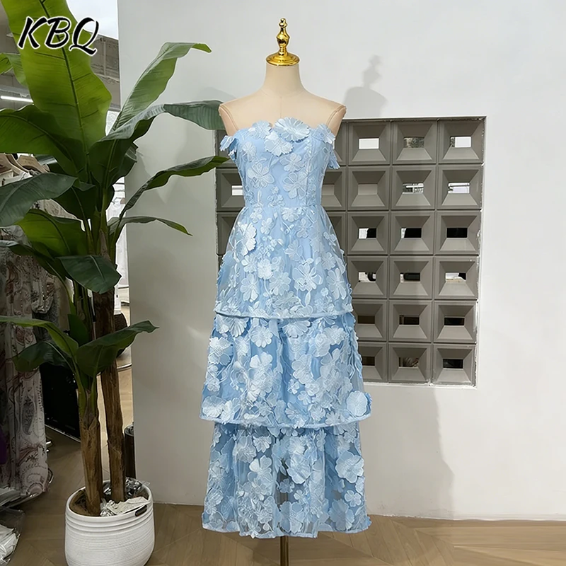 

KBQ Solid Slimming Spliced Ruffles Hollow Out Midi Dresses for Women Strapless Sleeveless Patchwork Applique Long Dress Female