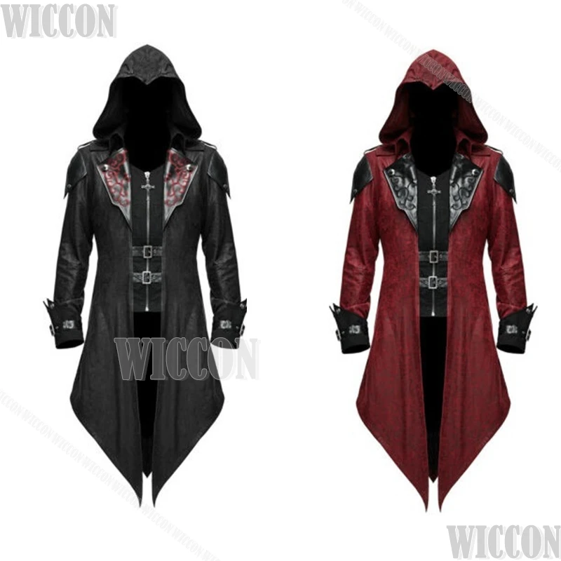 

Steampunk Anime Assassin Game Men's Creed Hooded Patchwork Jacket Halloween Vampire Cosplay Medieval Lord Navidad Carnival