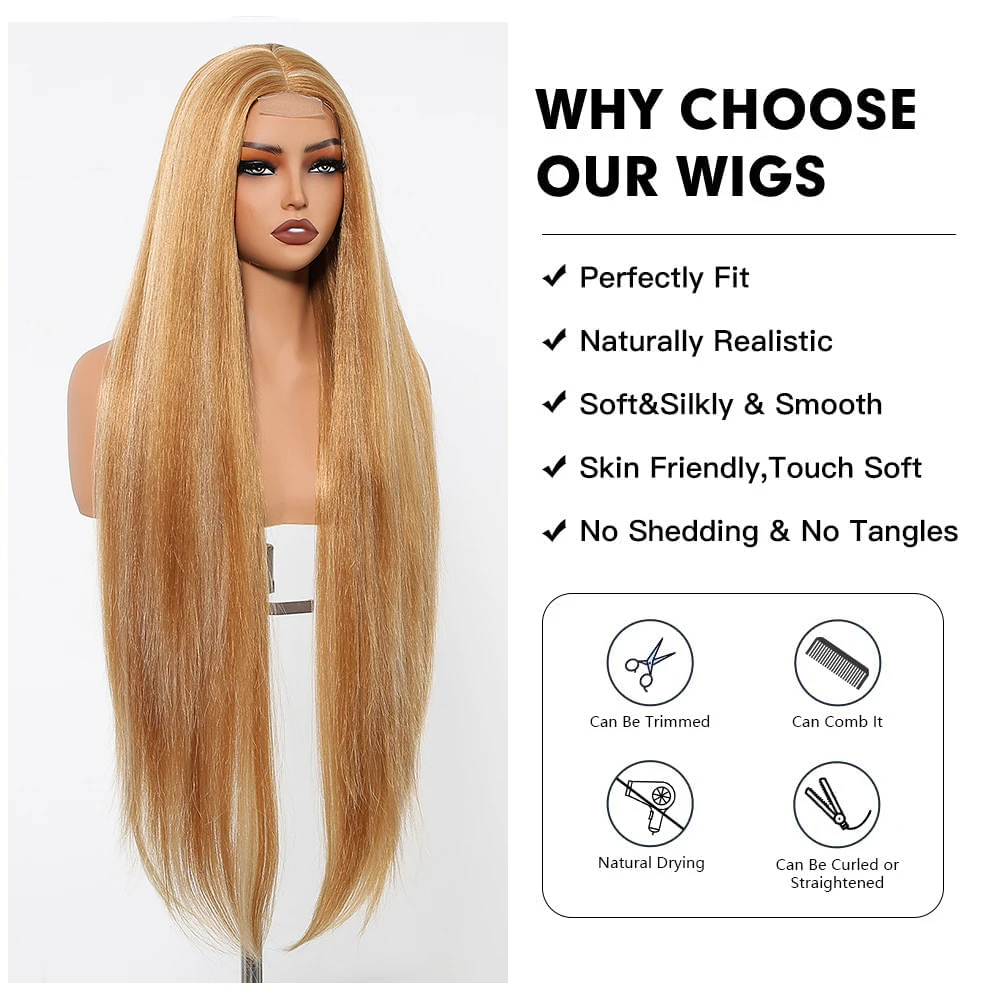 DWY 36in Golden Blonde Highlight Synthetic Wig For Women Long Straight Hairline Lace Front Wig Daily Party Heat Resistant Wig image 4