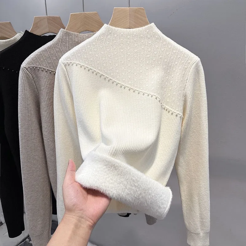 الخريف الشتاء الصوف سترة سميكة المرأة البلوز الدافئة المتكاملة الصوف شبه الياقة المدورة بلون محبوك قاع قميص