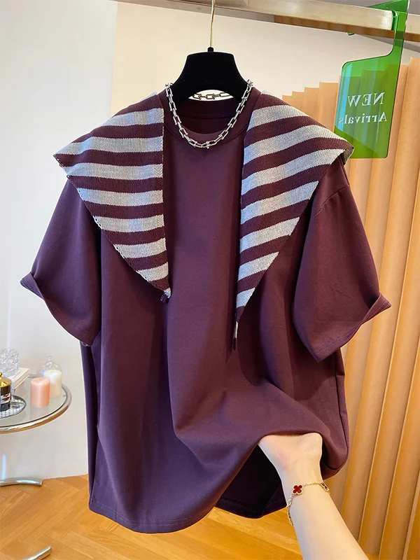 Extra Large 240 Pounds European Style Striped Shoulder Wrap German Velvet Short Sleeve T-Shirt Women's Spring Summer Loose Ve...