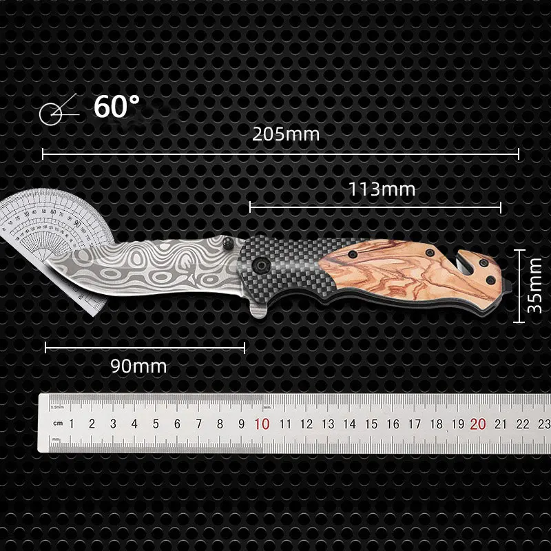 Folding Knife Outdoor Camping Survival High Hardness Folding Knife Portable Multi-Purpose Damascus Pattern Pocket Knife