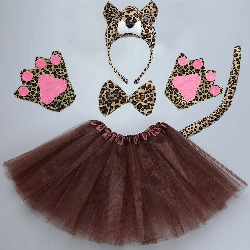 Halloween Christmas Girl Women Leopard Cheetah Cat Animal Costume Headband Bowtie Tail Tutu Skirt Set Cosplay Party Birthday