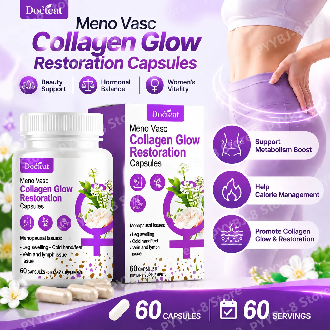 Collagen Glow Restoration Capsules, Boost Metabolism & Support Calorie Balance, Collagen Complex Hyaluronic Acid Magnesium 60Ct