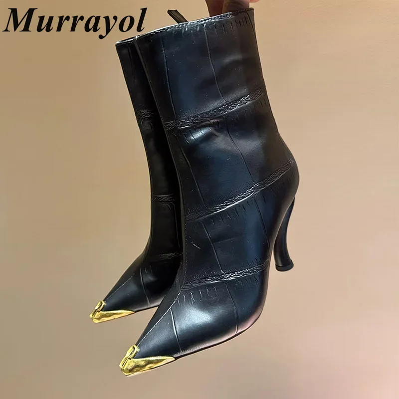 ใหม่ของแท้หนังแปลกรองเท้าส้นสูงรองเท้าสั้นผู้หญิง Pointed Toe โลหะตกแต่งด้านข้างซิปข้อเท้า Botas ฤดูใบไม้ผลิฤดูใบไม้ร่วงโมเดิร์นรองเท้า
